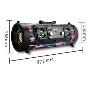 Multicolored portable speaker with dimensions on a white background