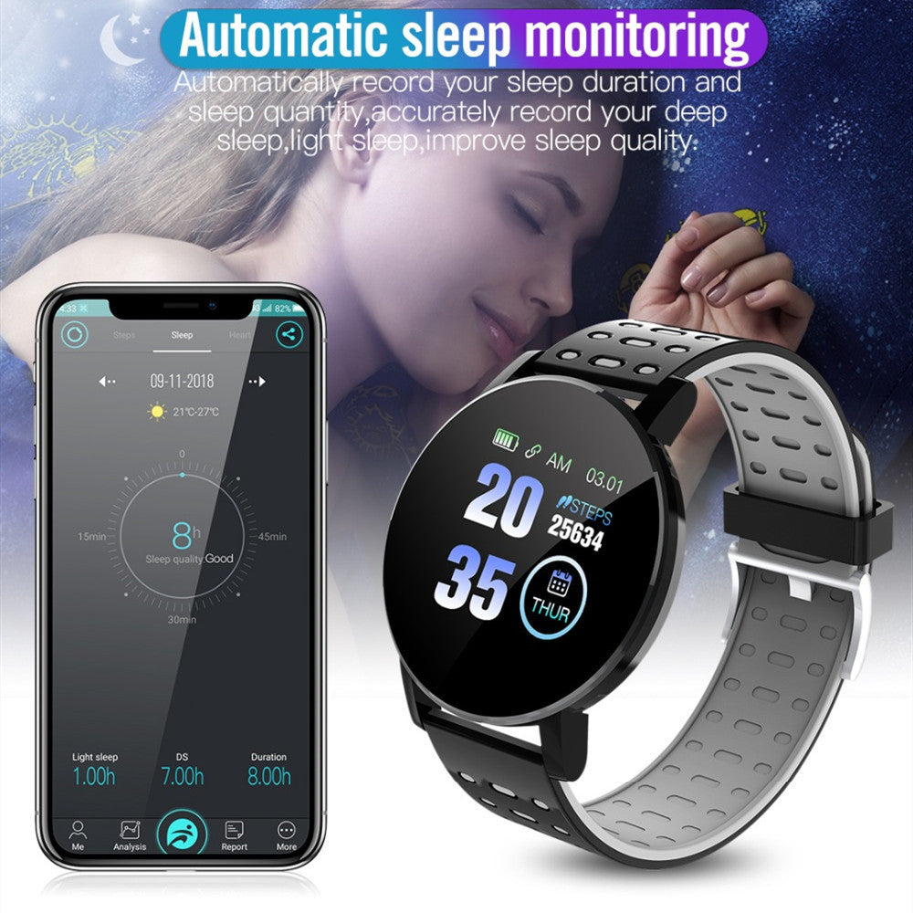 Smartwatch and phone displaying sleep monitoring app with a woman sleeping in the background