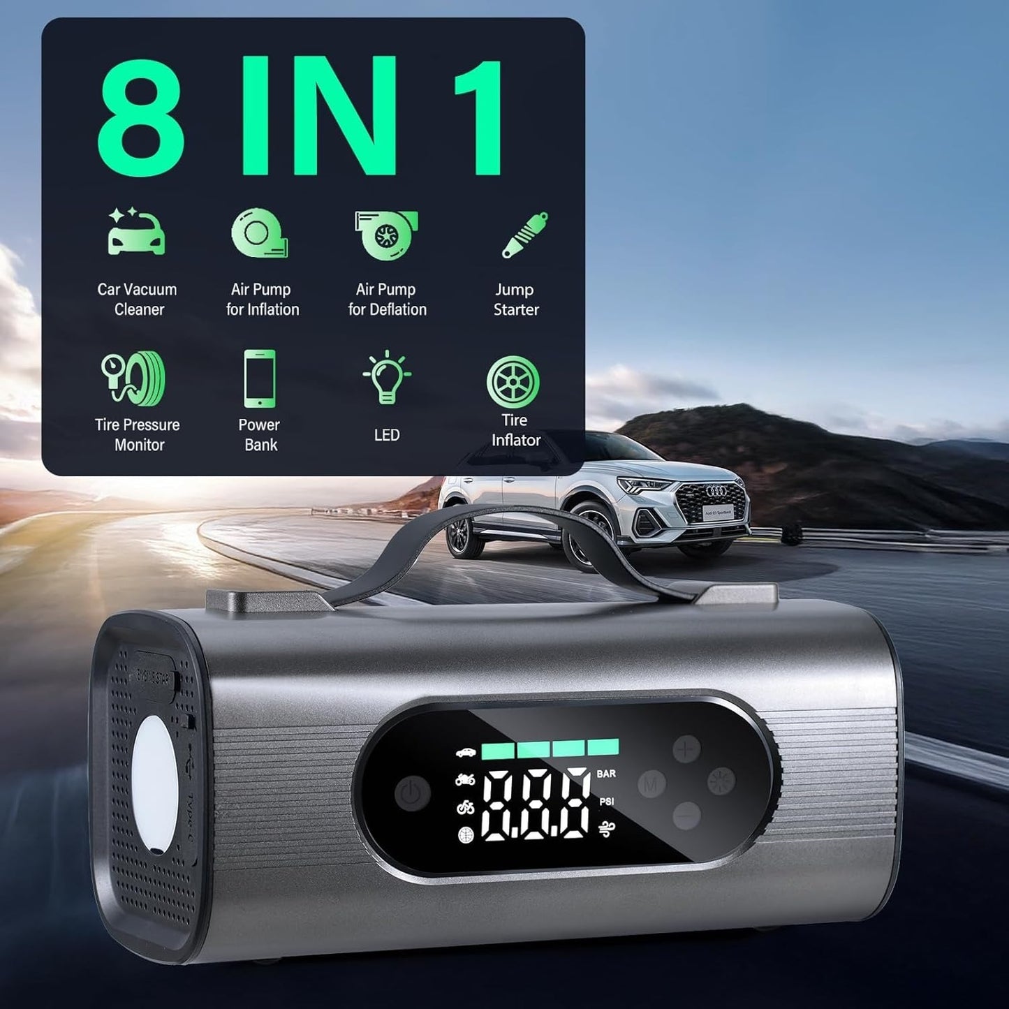 8-in-1 Portable Car Jump Starter Air Compressor Vacuum 12V Battery Power Pack