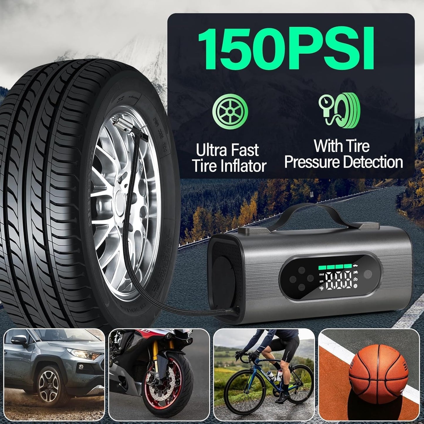 8-in-1 Portable Car Jump Starter Air Compressor Vacuum 12V Battery Power Pack