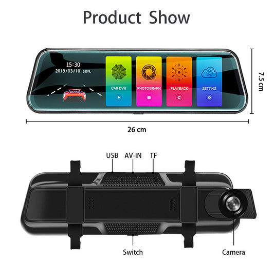 10-Inch Streaming Media Dashcam – 170° HD Loop Recording Rearview Mirror
