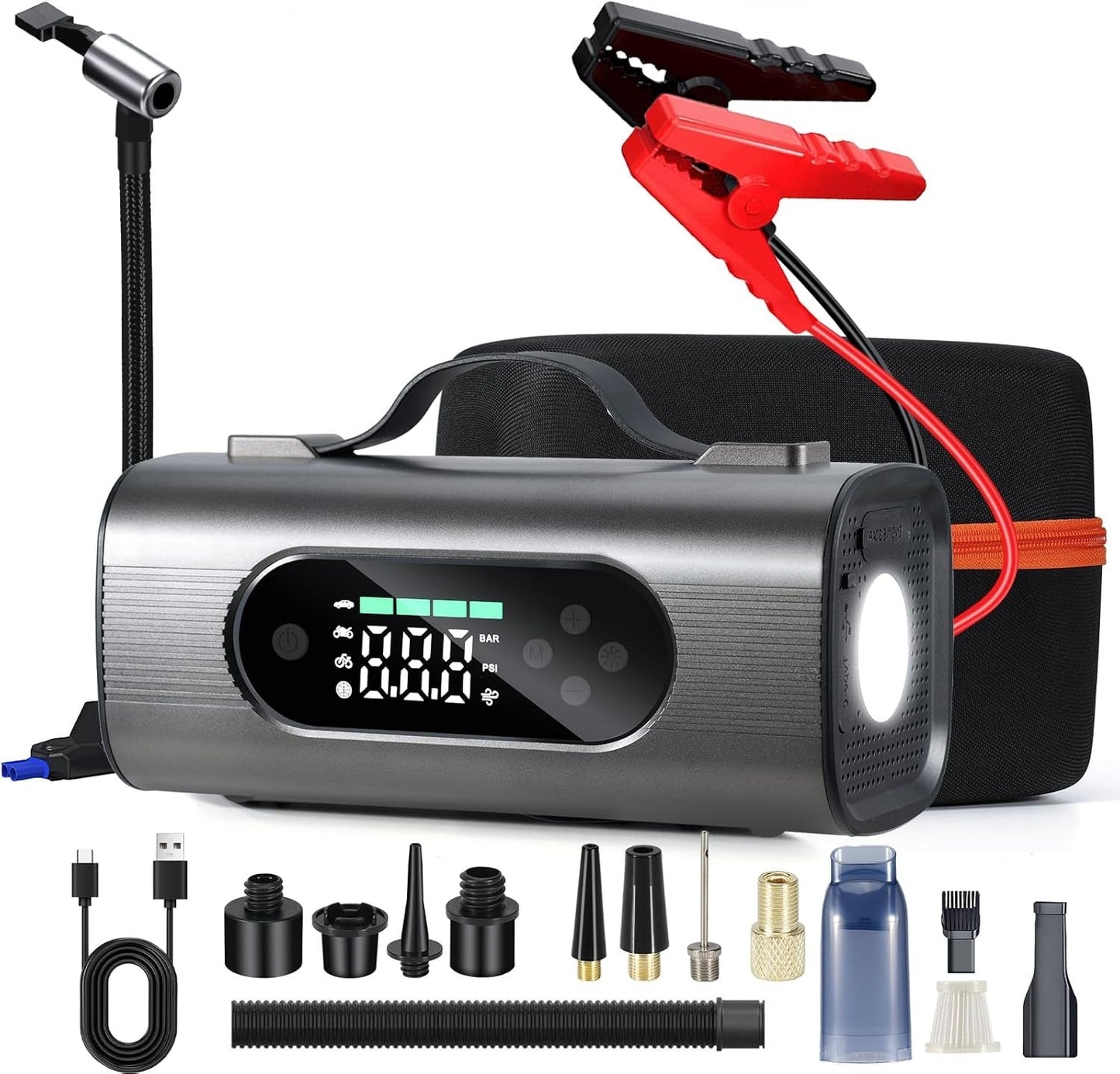 8-in-1 Portable Car Jump Starter Air Compressor Vacuum 12V Battery Power Pack