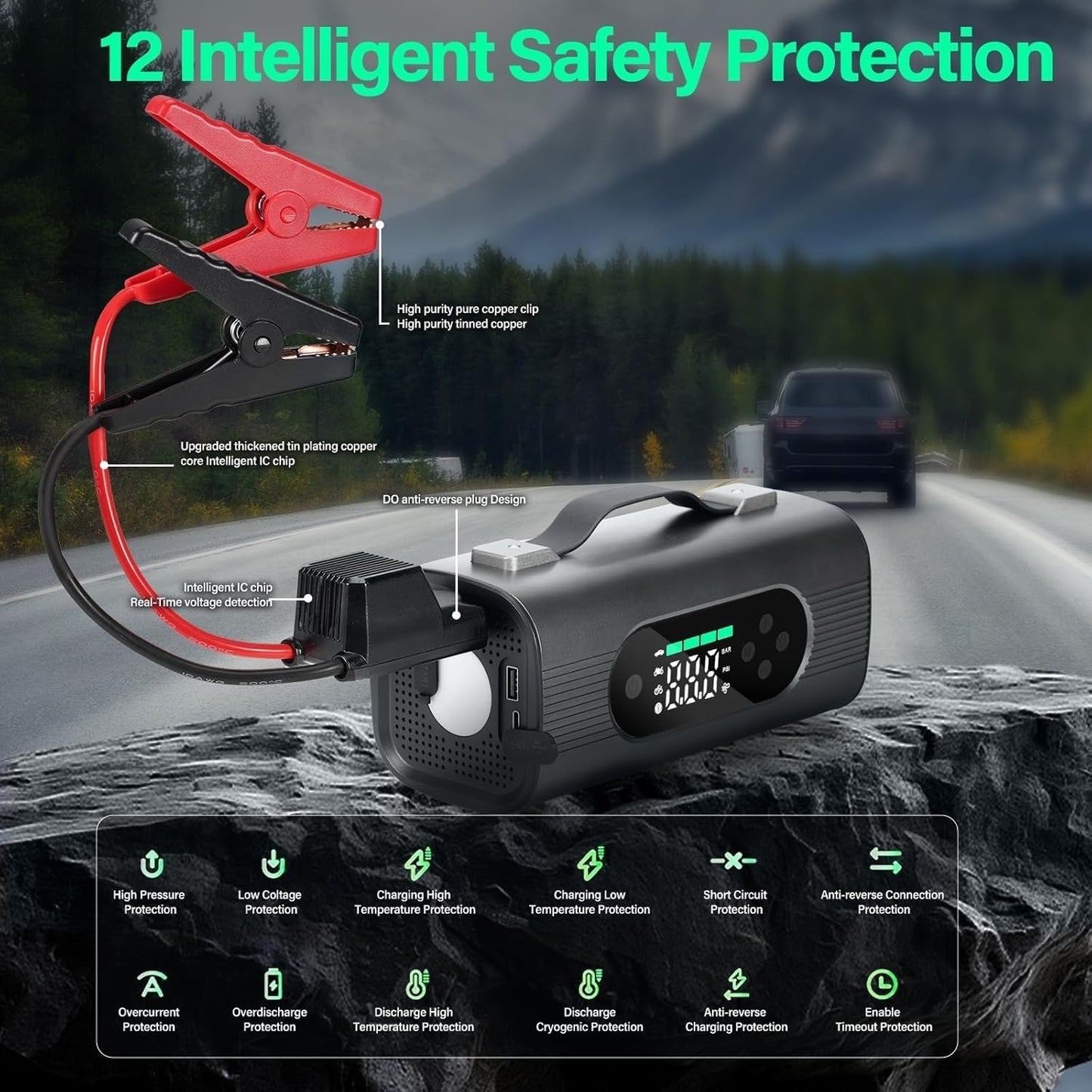 8-in-1 Portable Car Jump Starter Air Compressor Vacuum 12V Battery Power Pack